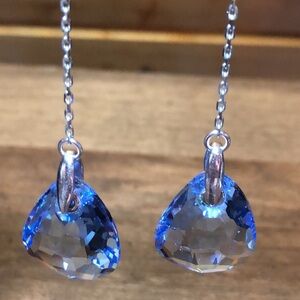 Teardrop Blue Crystal Dangling Earrings On Silver Tone Wire
